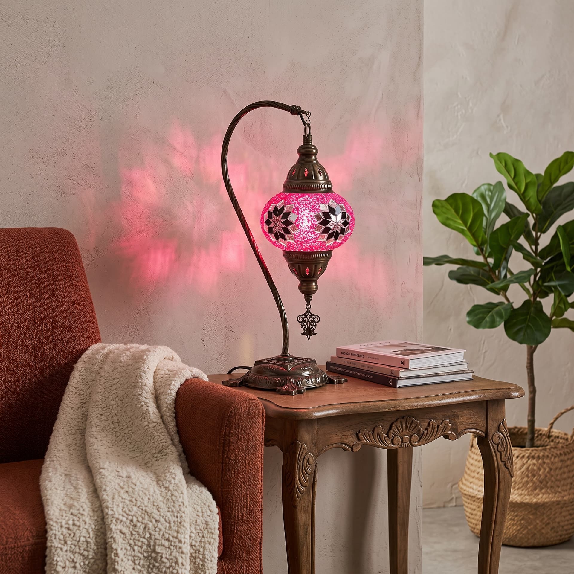 Handmade Camel Neck Mosaic Table Lamp No:1 Pink Flower Motif