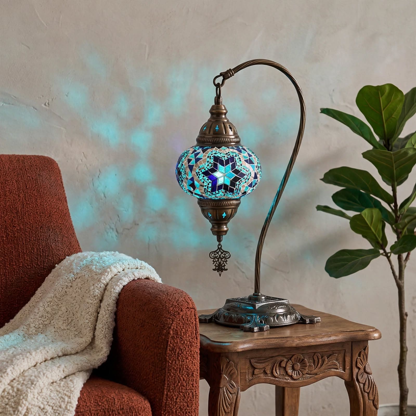 Handmade Camel Neck Mosaic Table Lamp No:3 Blue Motif