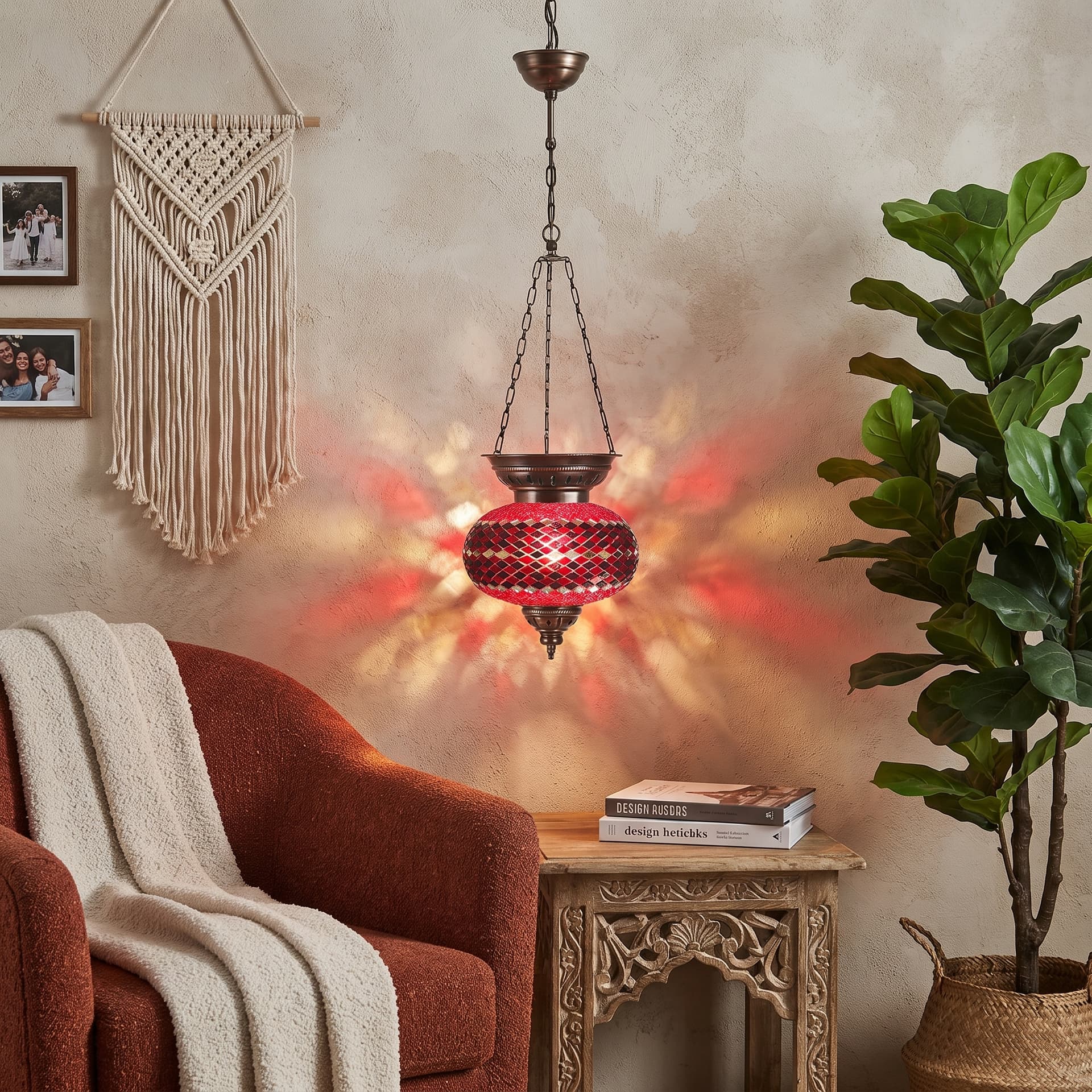 Handmade Mosaic Glass Chain Pendant Lamp-- 3 Chain,No:5 Mixed Red
