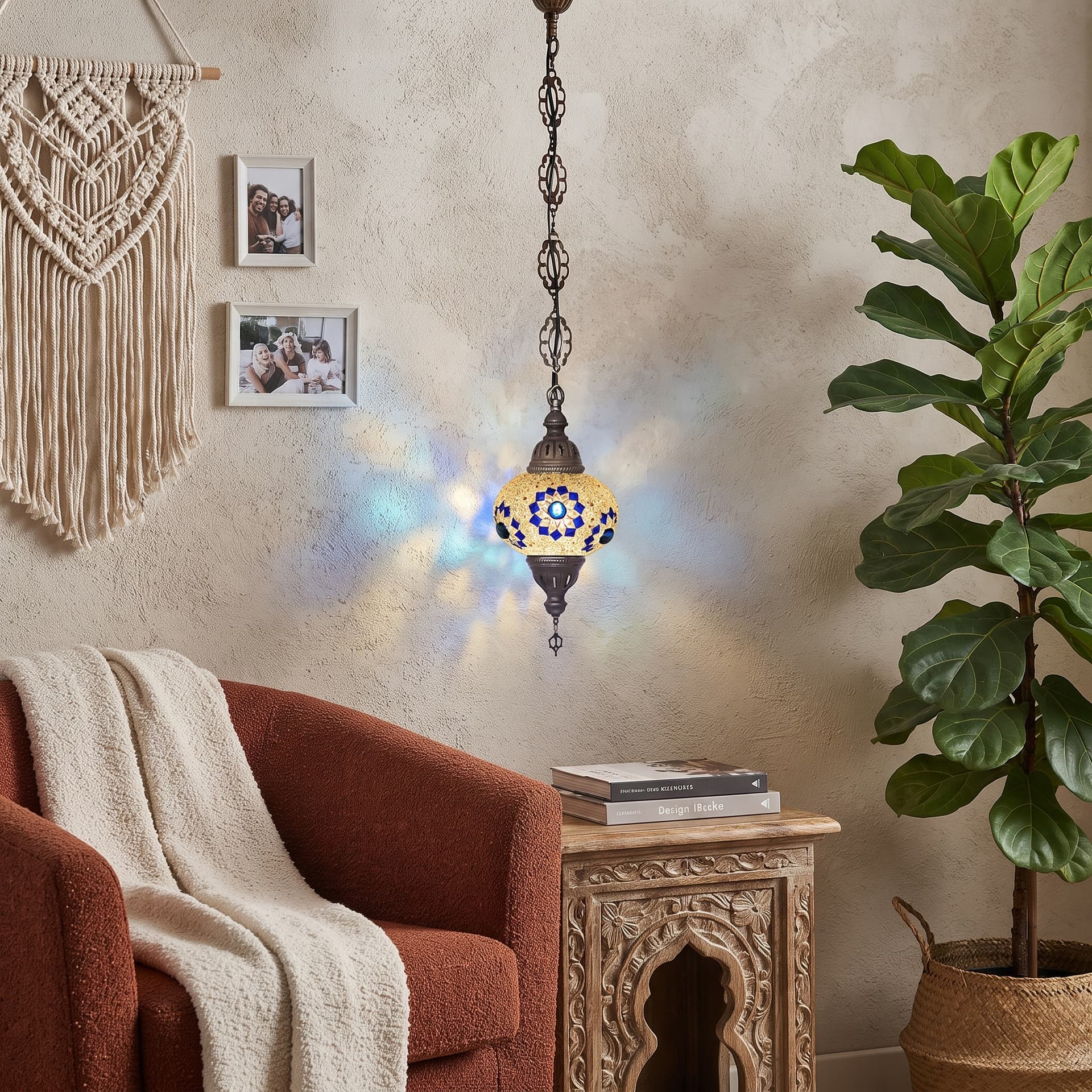 Handmade Mosaic Glass Chain Pendant Lamp -Gold- Single Chain, No:2