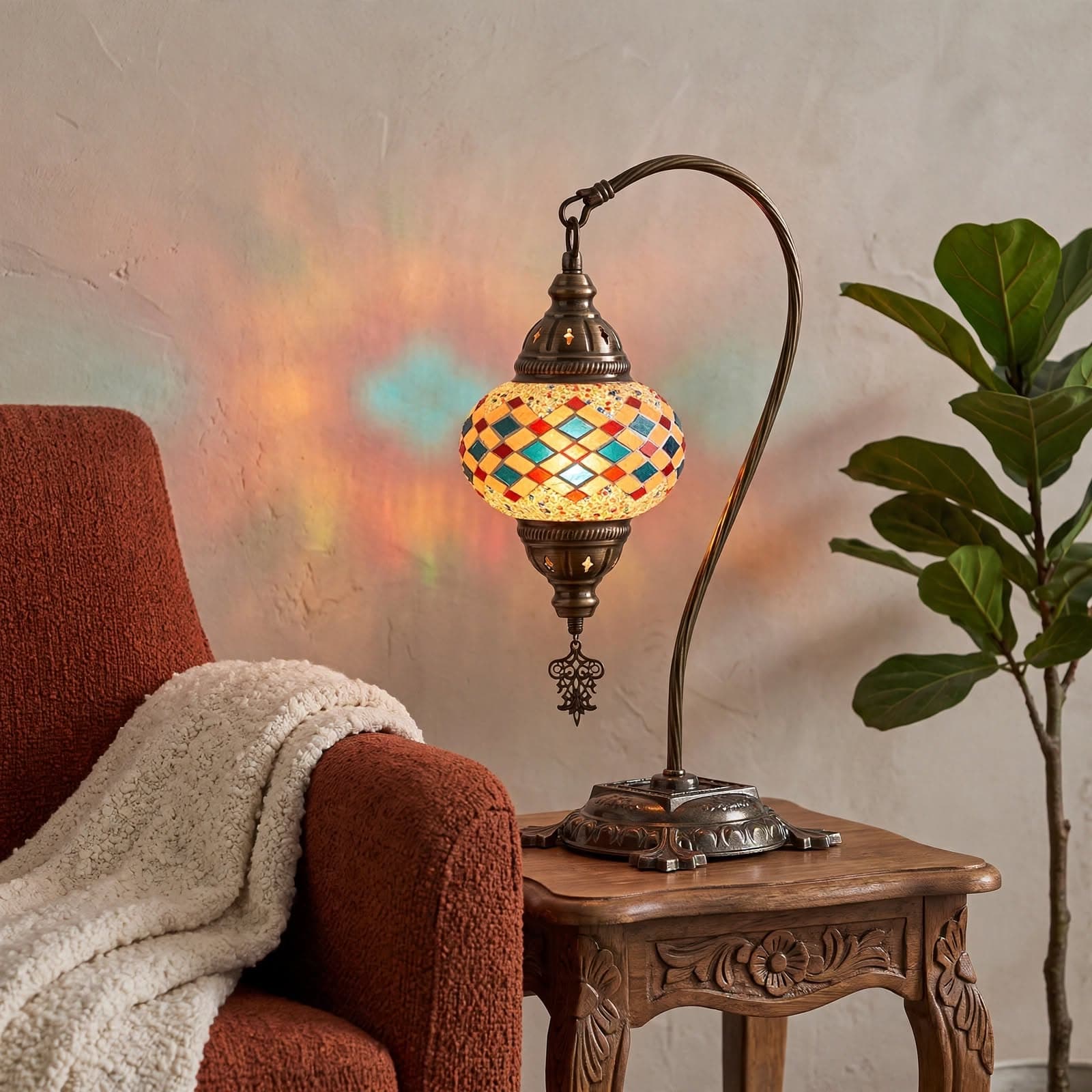 Handmade Camel Neck Mosaic Table Lamp No:2 Color Motif