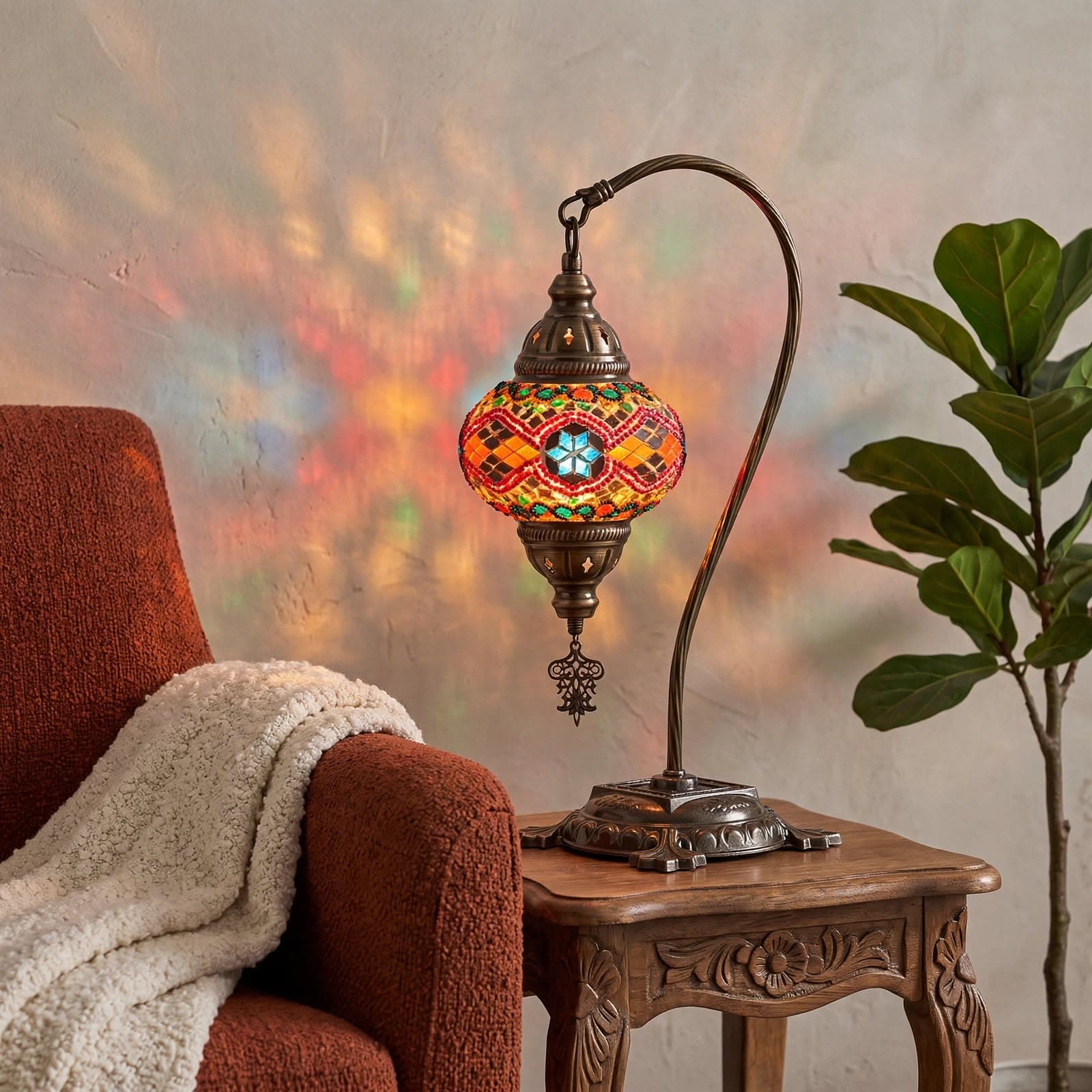 Handmade Camel Neck Mosaic Table Lamp No:2 Mixed Motif