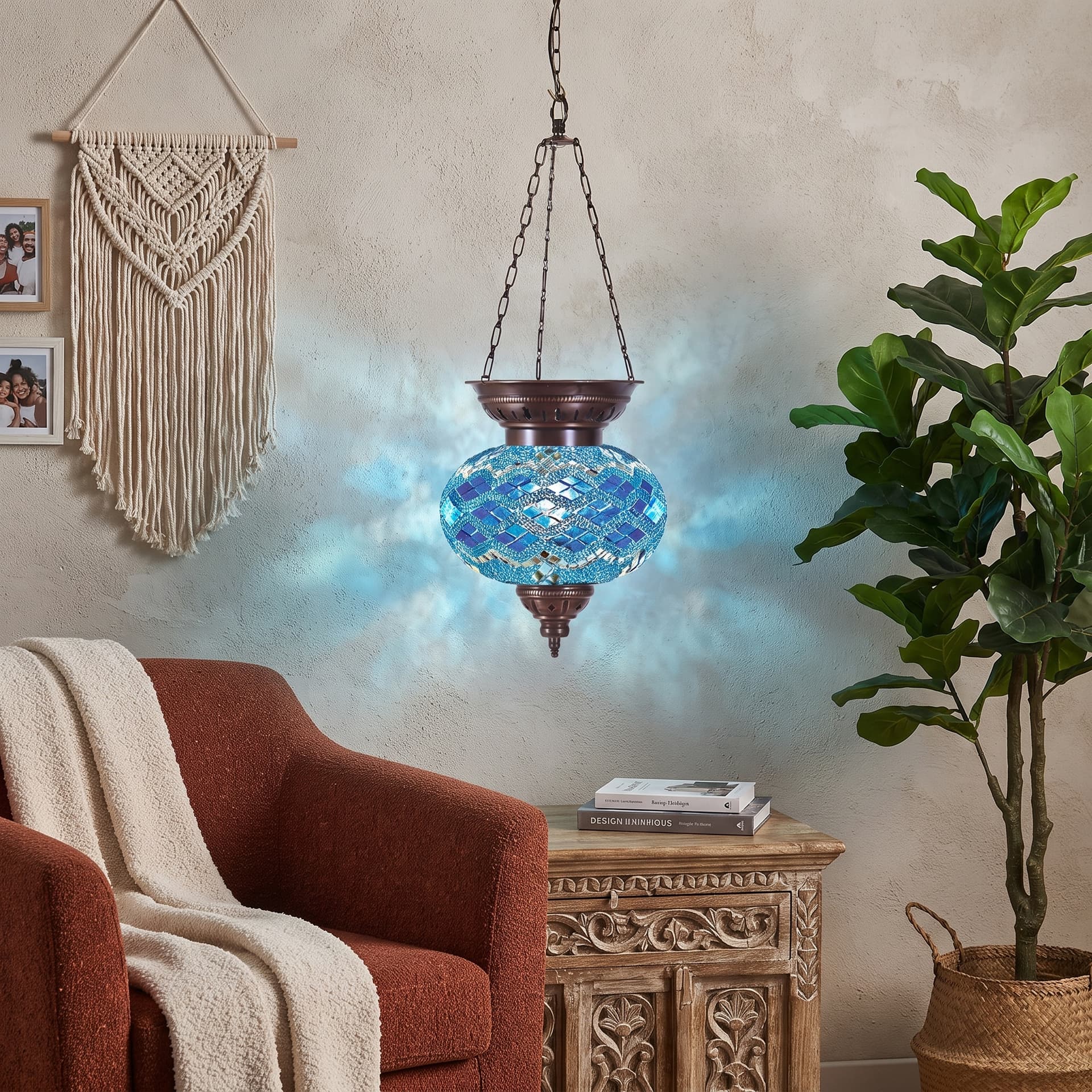 Handmade Mosaic Glass Chain Pendant Lamp-- 3 Chain,No:5 Blue