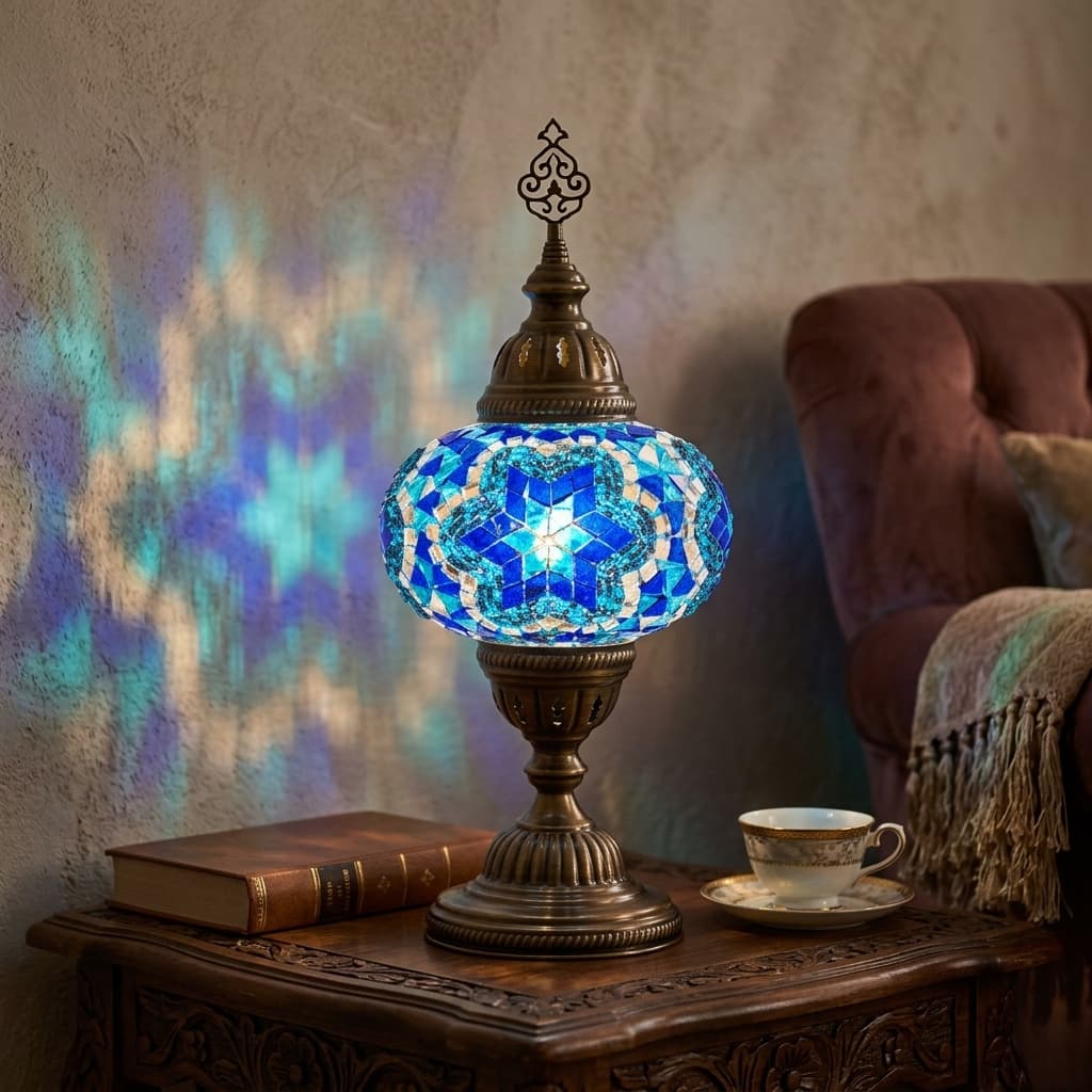 Handmade Mosaic Table Lamp No:3 Blue Flower Motif