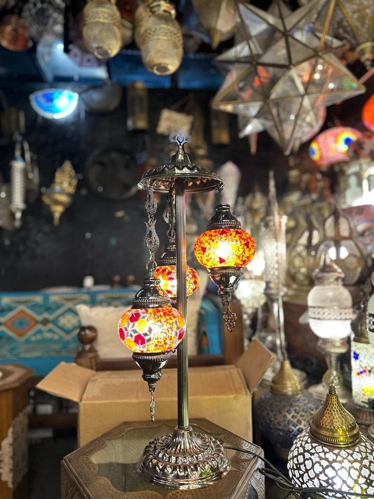 El Yapımı 3'lü Mozaik Mini Lambader – Kırmızı & Turuncu & Sarı & Gümüş Metal