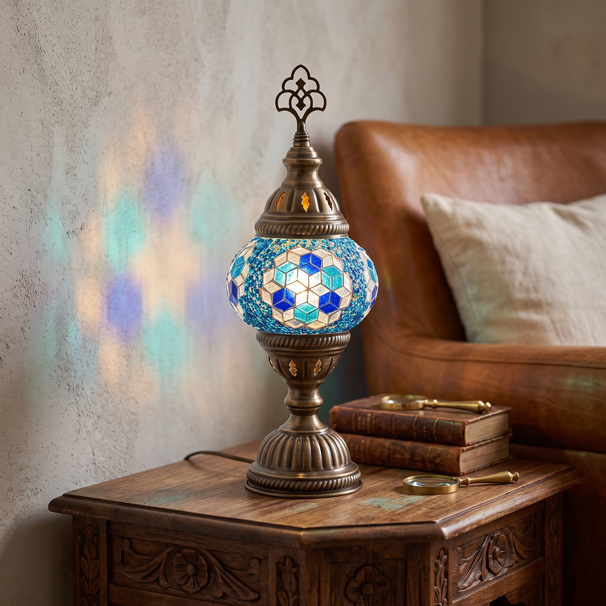 Handmade Mosaic Table Lamp No:1 Blue-White Embroidery