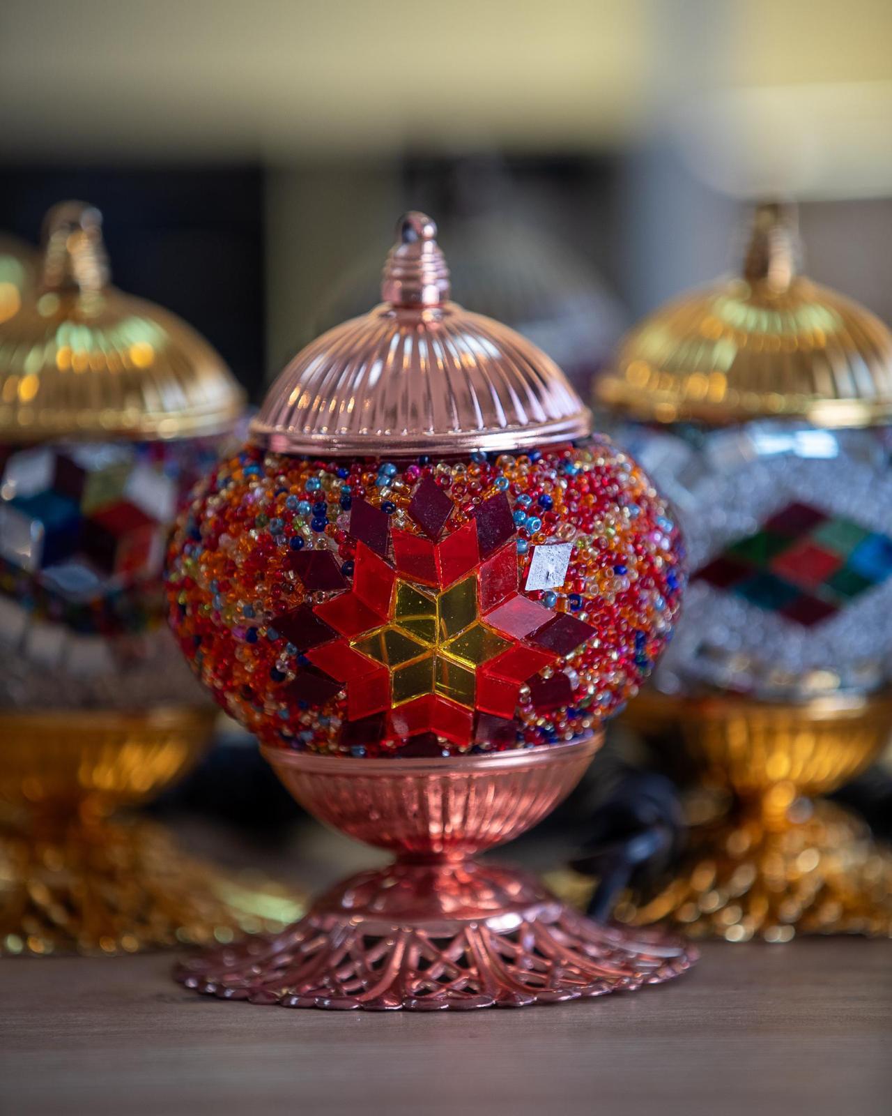 Firuze Handmade Mosaic Lamp – Multicolored and Red Star Pattern with Rose Base