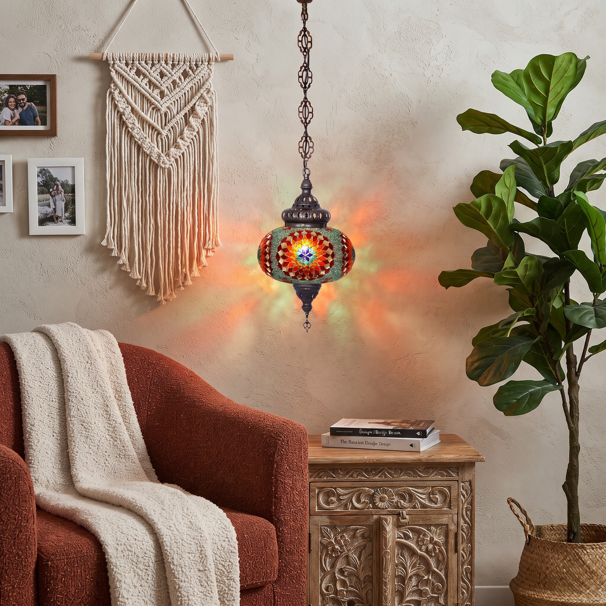 Handmade Mosaic Glass Chain Pendant Lamp -Mixed Motif- Single Chain, No:5