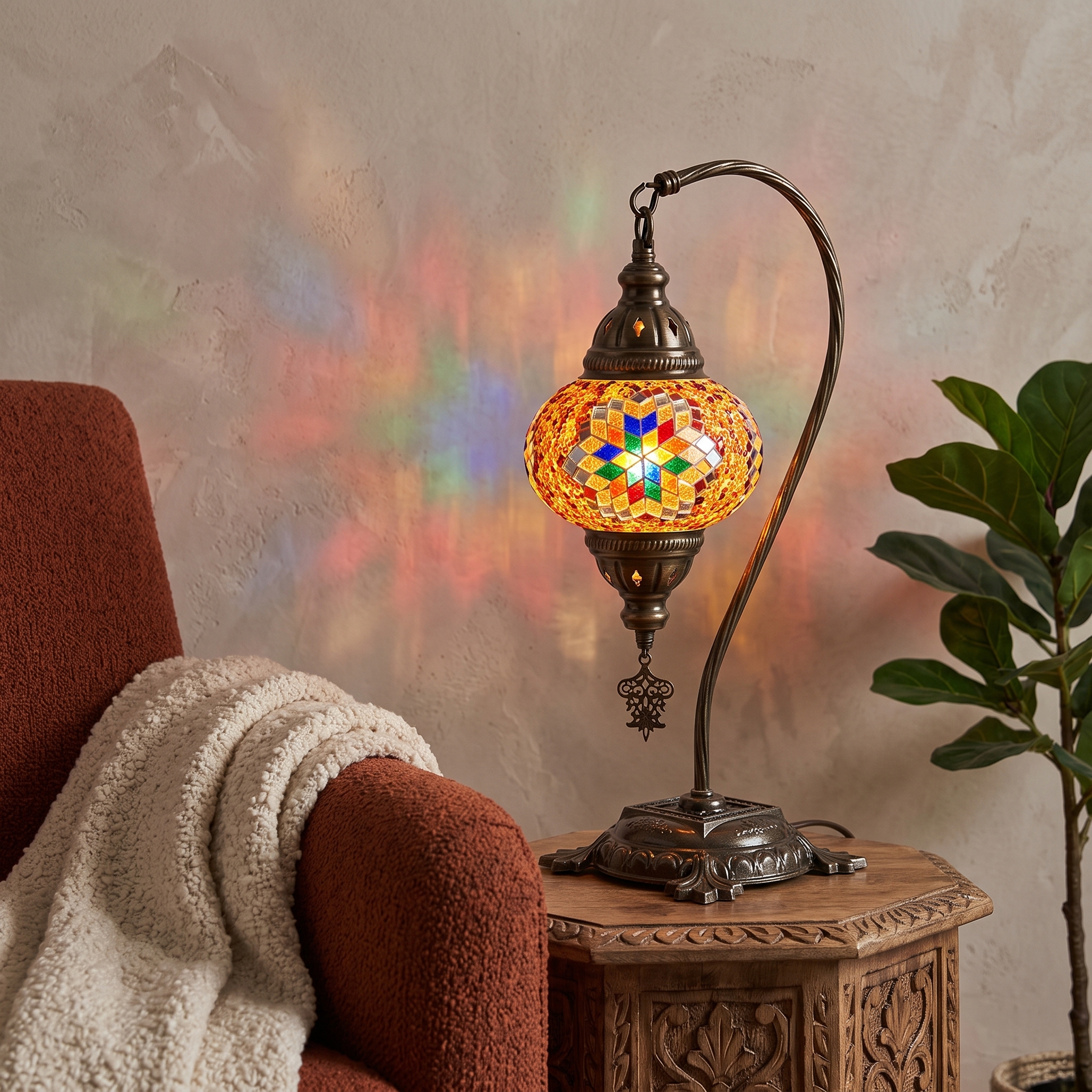 Handmade Camel Neck Mosaic Table Lamp No:1 Colorful Flower Motif