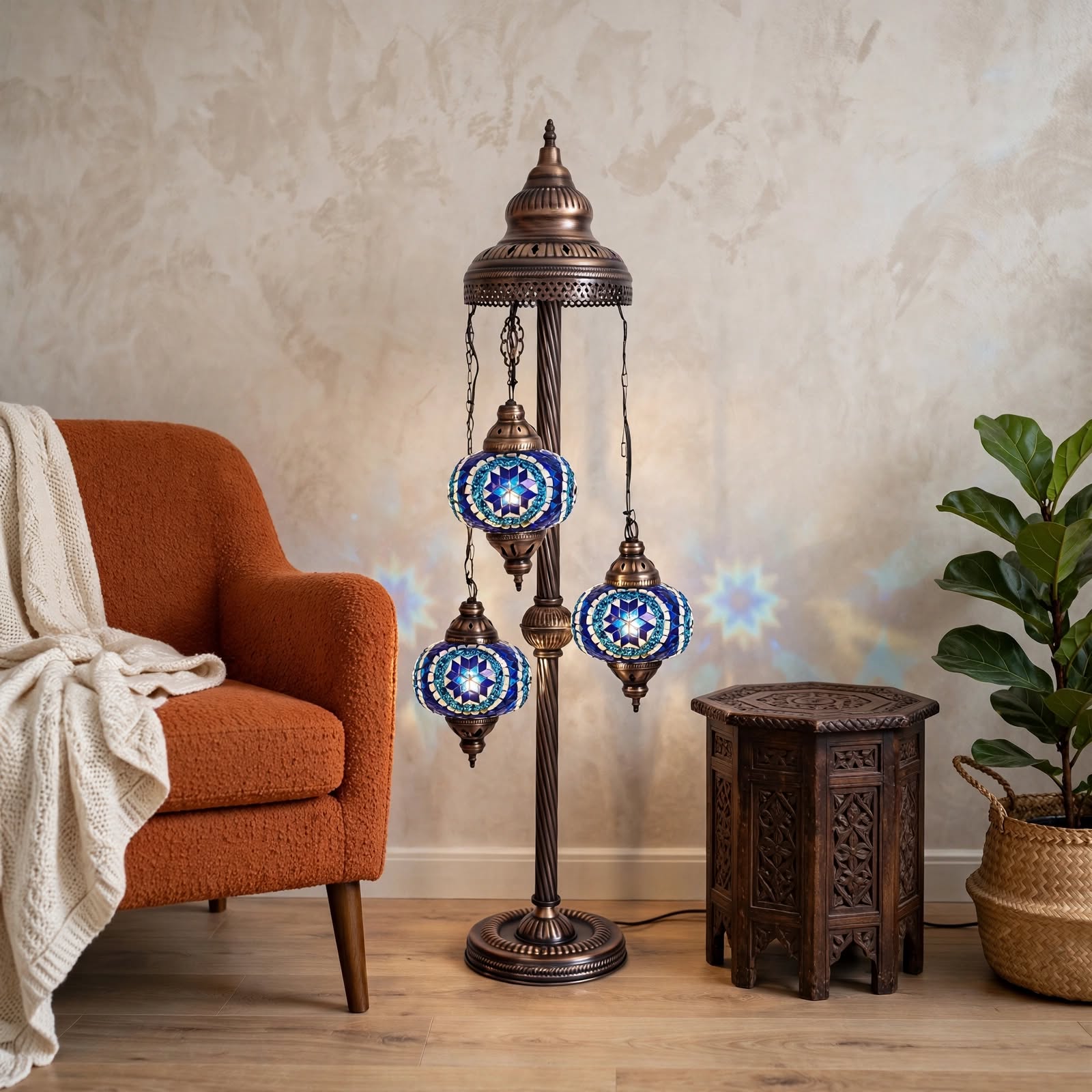 El Yapımı 3'lü Mozaik Lambader Mavi Motif