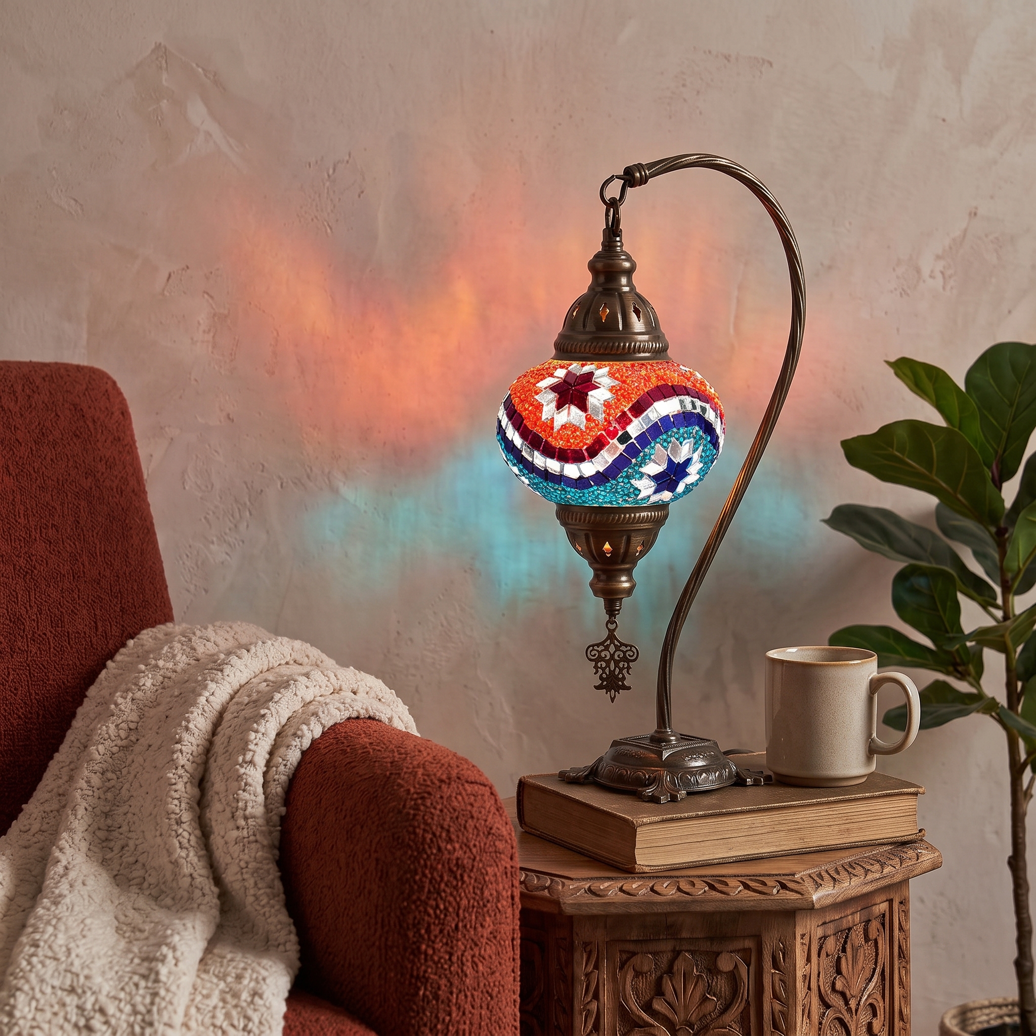 Handmade Camel Neck Mosaic Table Lamp No:1 Blue-Red Motif