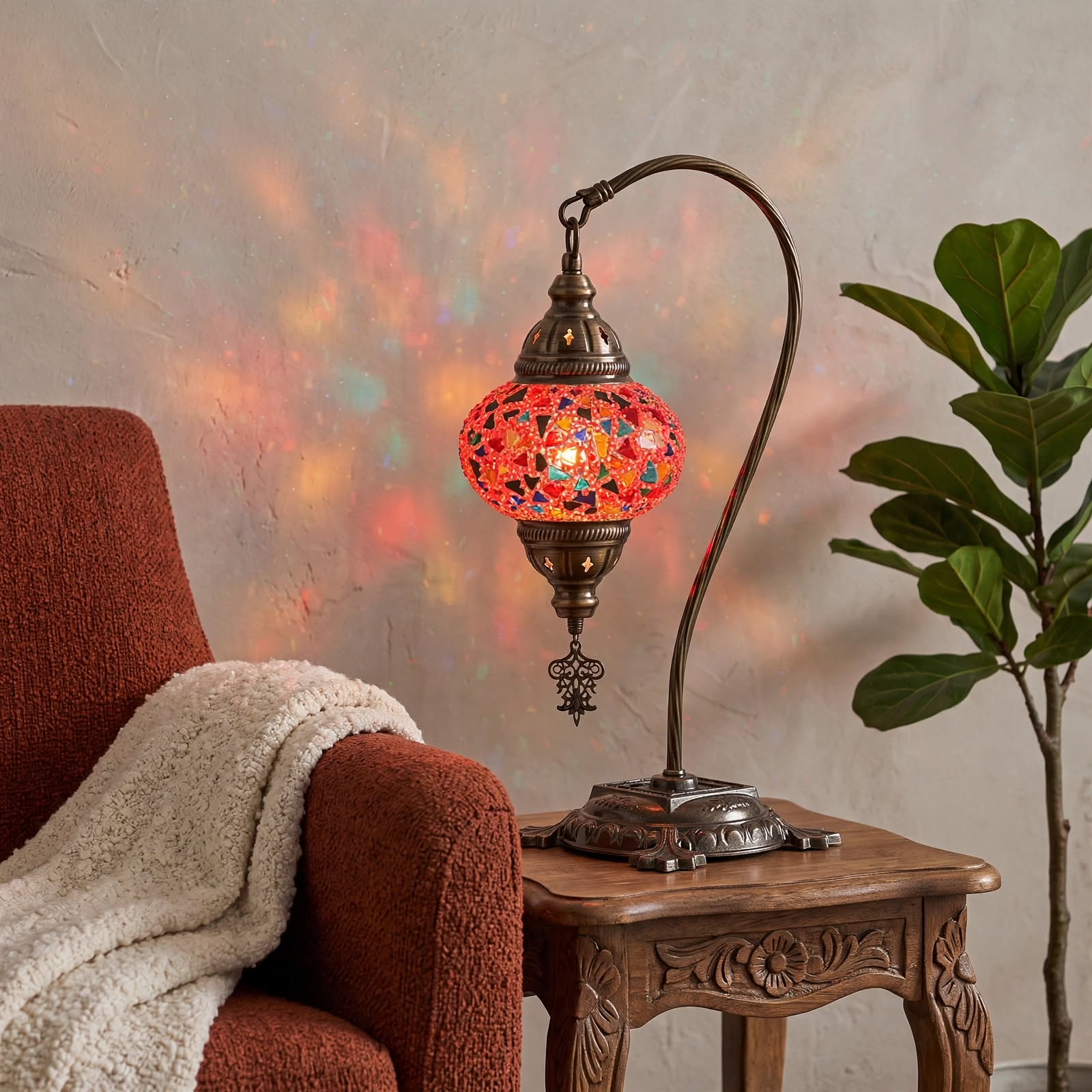 Handmade Camel Neck Mosaic Table Lamp No:2 Red Motif