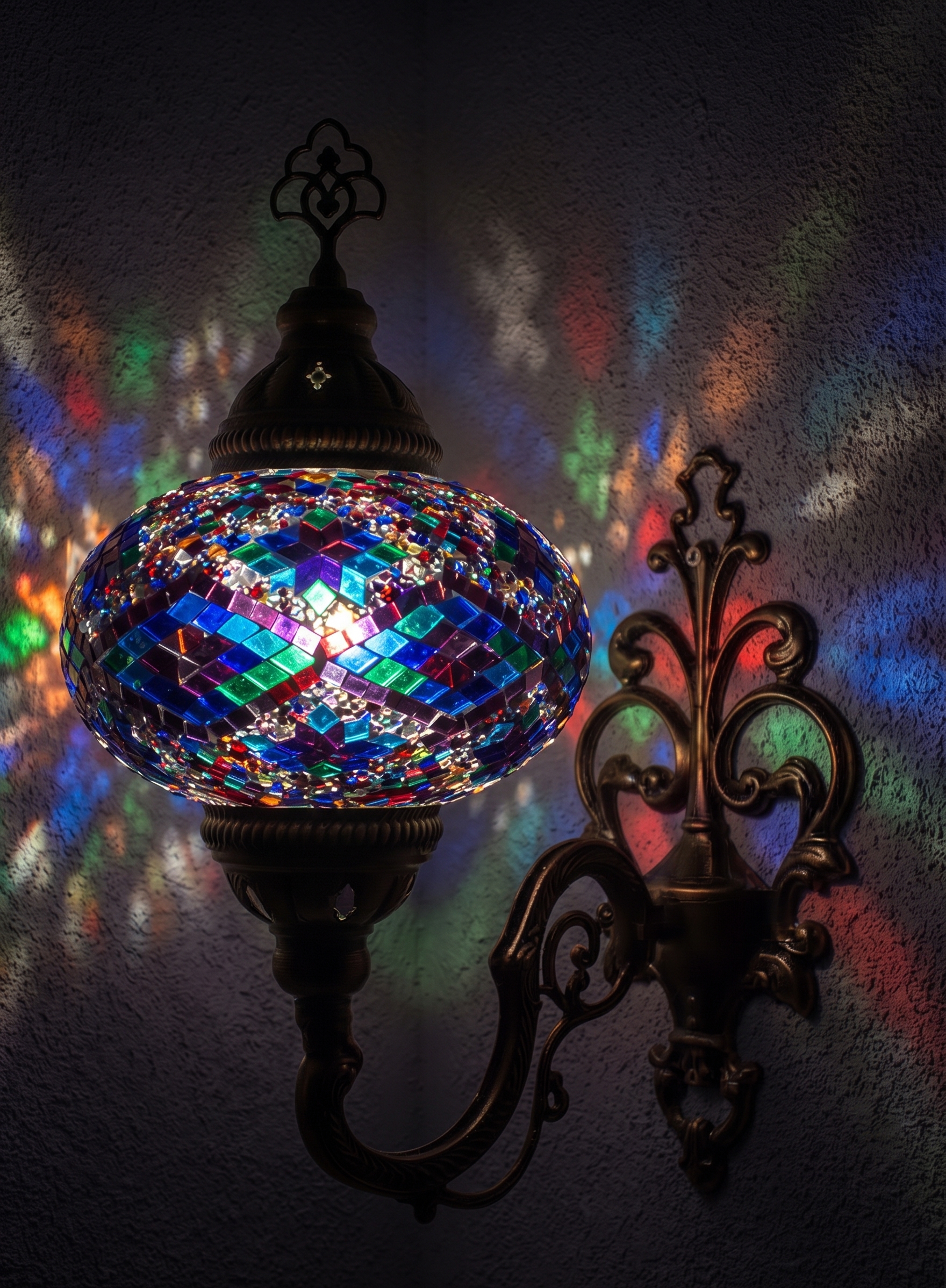 Handmade Mosaic Wall Lamp – Mixed Color & Equilateral Motif & Baroque Antique Metal