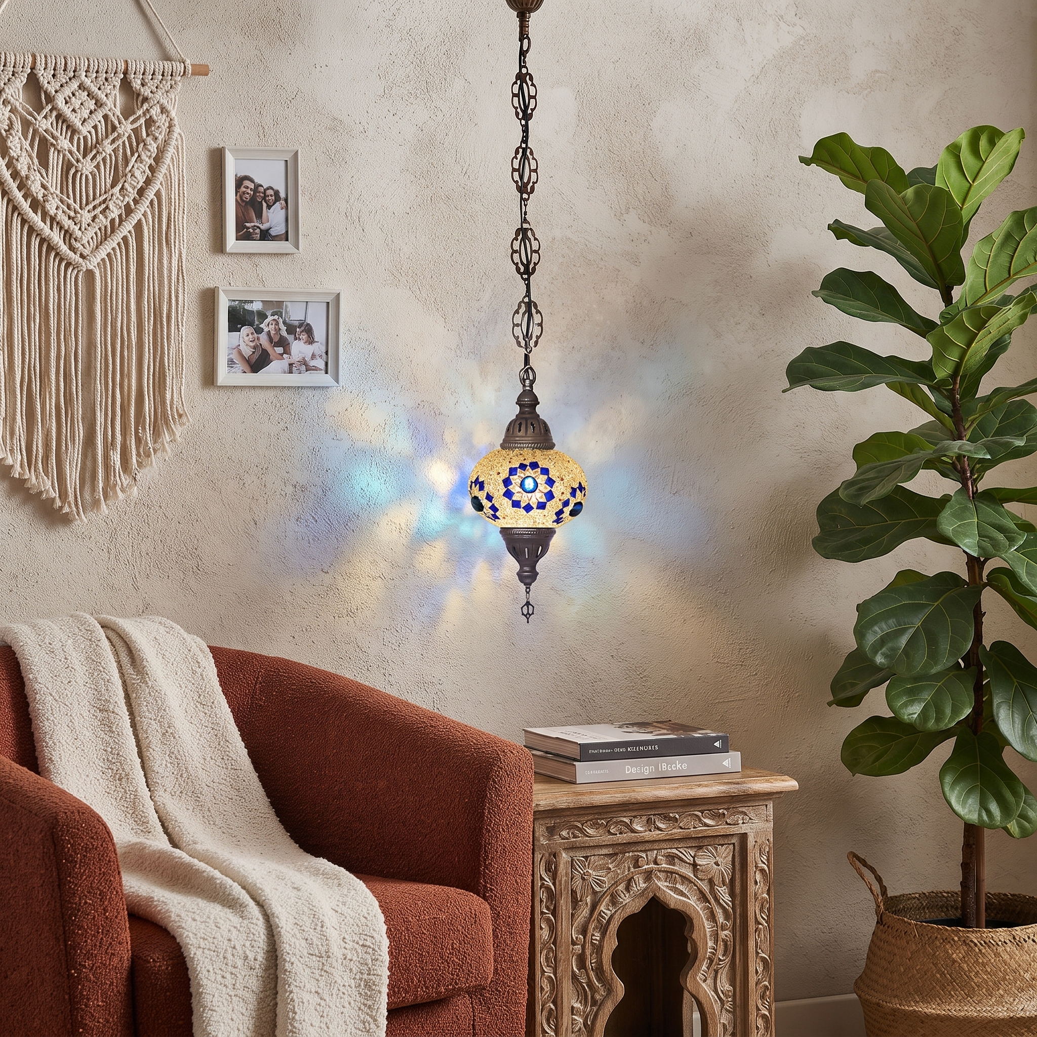 Handmade Mosaic Glass Chain Pendant Lamp -Gold- Single Chain, No:2