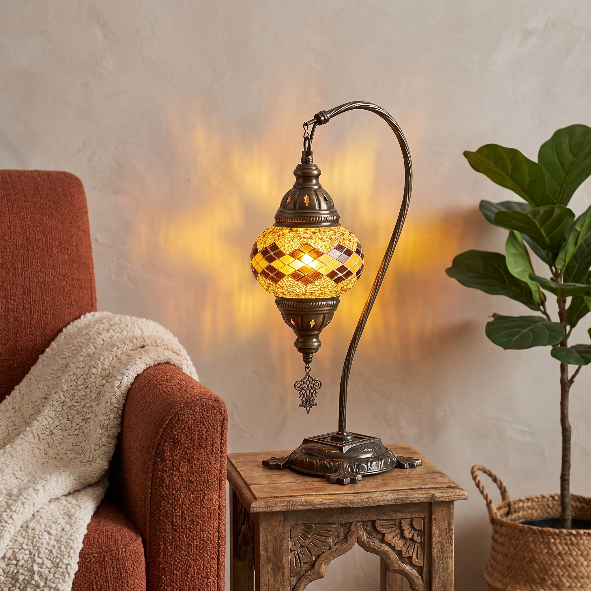 Handmade Camel Neck Mosaic Table Lamp No:1 Gold Motif