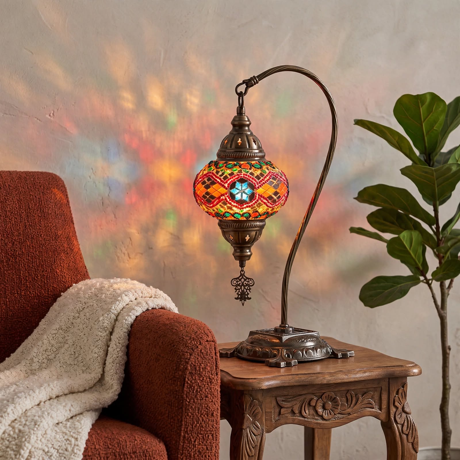 Handmade Camel Neck Mosaic Table Lamp No:2 Mixed Motif