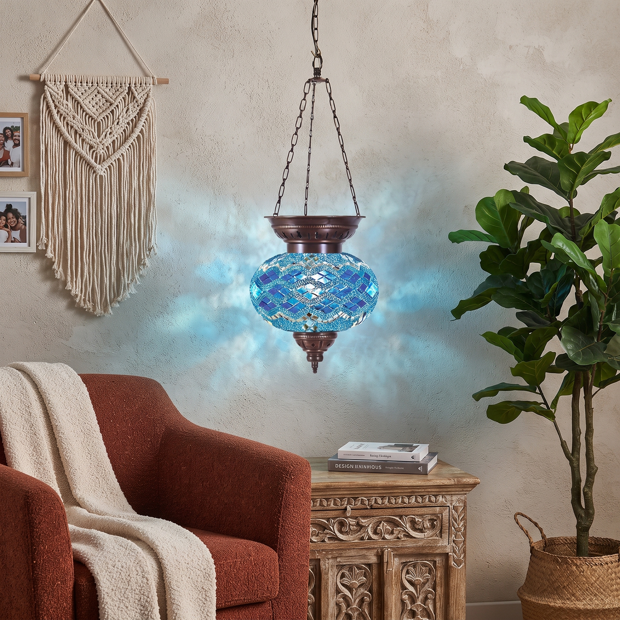 Handmade Mosaic Glass Chain Pendant Lamp-- 3 Chain,No:5 Blue