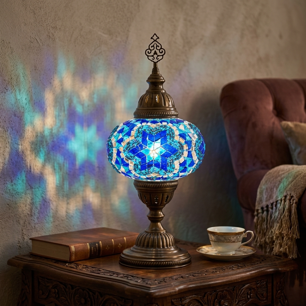 Handmade Mosaic Table Lamp No:3 Blue Flower Motif